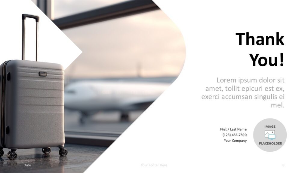 Airport Terminal Dark Closing PowerPoint Google Slides Airport Terminal closing slide template for PowerPoint and Google Slides with thank-you message and travel visuals.
