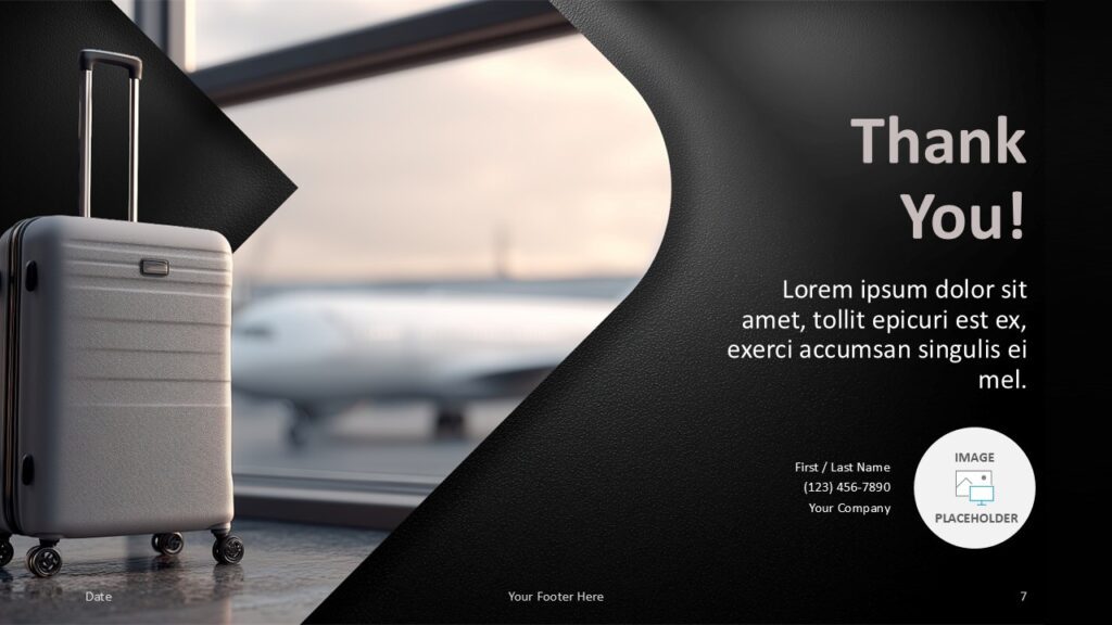 Airport Terminal Closing PowerPoint Google Slides Airport Terminal closing slide template for PowerPoint and Google Slides with contact details and image placeholder.