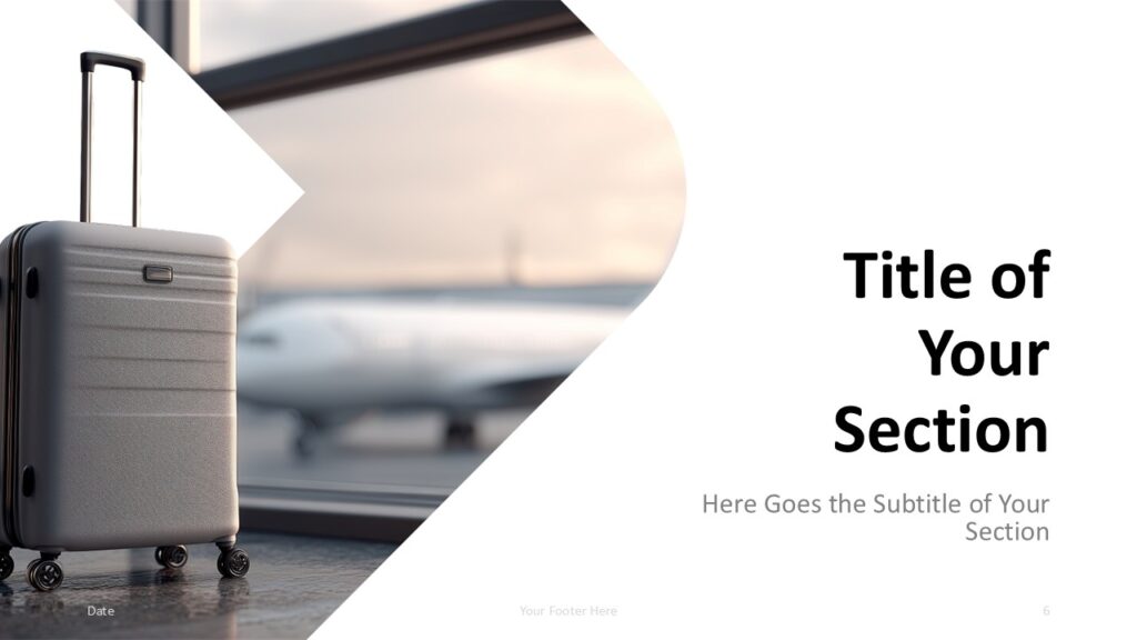 Airport Terminal Dark Divider PowerPoint Google Slides Airport Terminal section slide template for PowerPoint and Google Slides with cinematic photo crop and blue title.