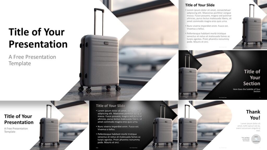 Airport Terminal PowerPoint Google Slides Template Airport Terminal template overview for PowerPoint and Google Slides, showing travel slide layouts with cohesive design.
