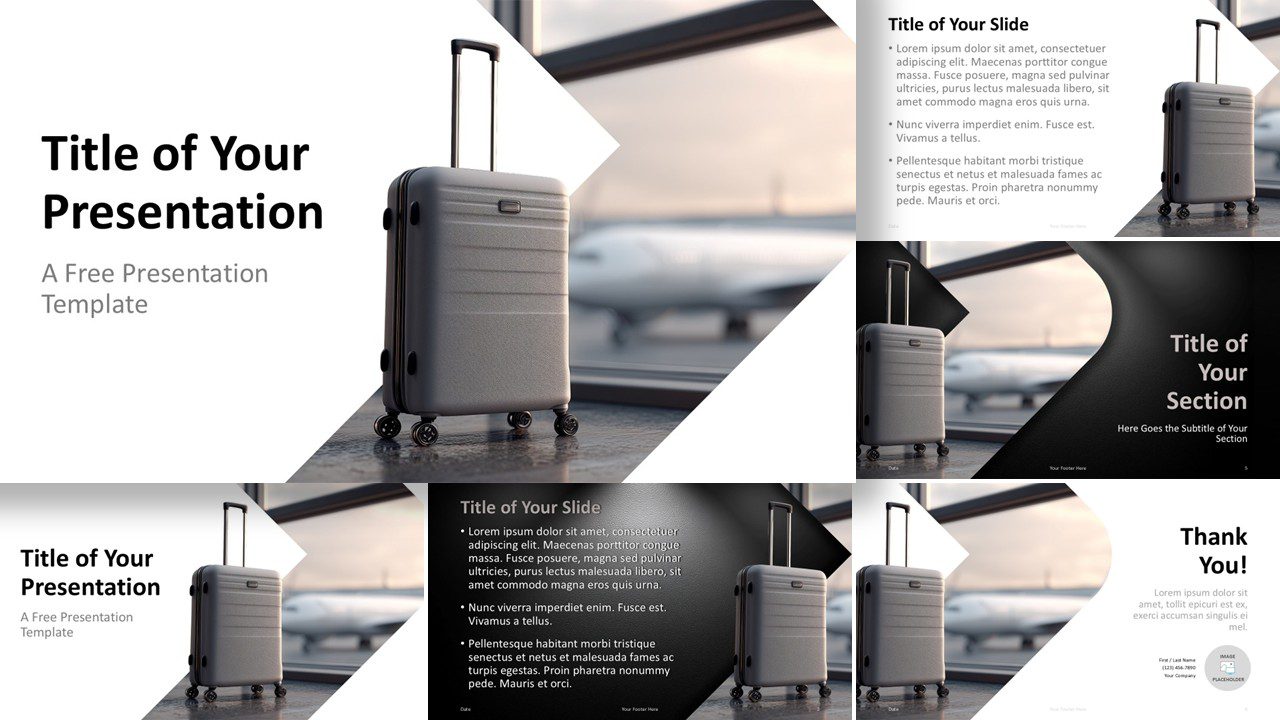 Airport Terminal template overview for PowerPoint and Google Slides, showing travel slide layouts with cohesive design.