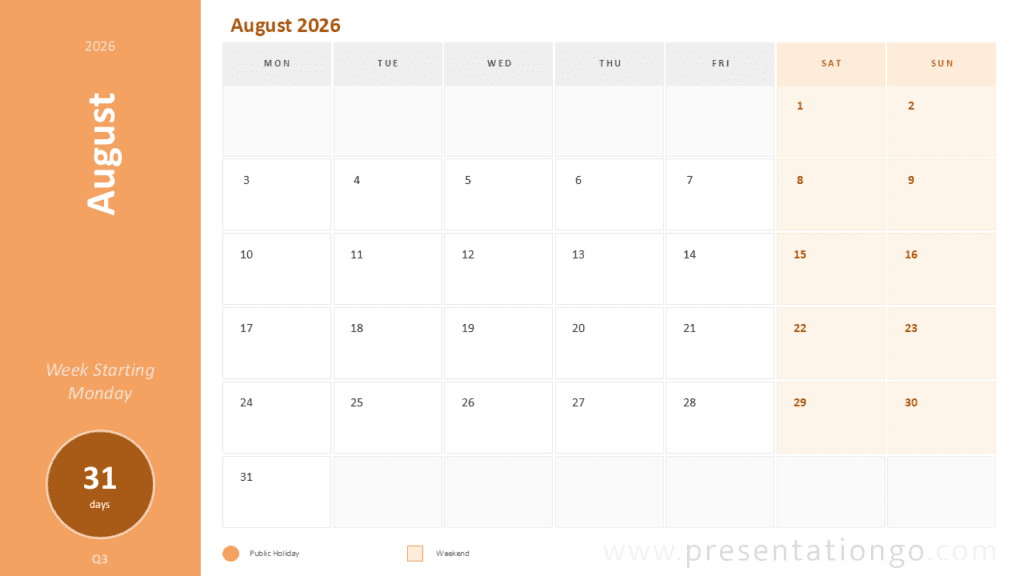 August 2026 Calendar Monday Start PowerPoint August 2026 monthly calendar for PowerPoint and Google Slides with editable Monday-start planning grid.