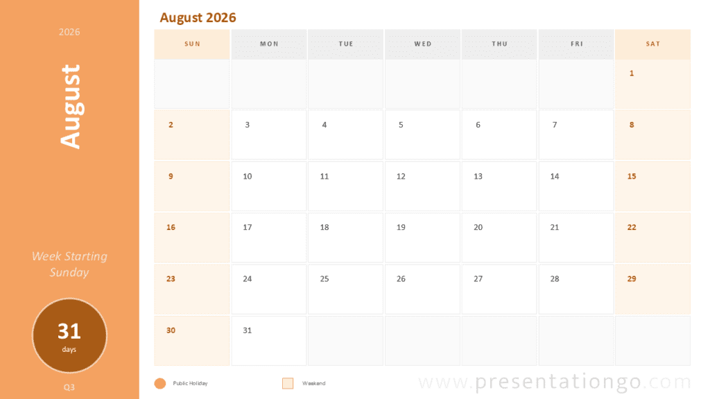 August 2026 Calendar Sunday Start PowerPoint August 2026 monthly calendar for PowerPoint and Google Slides with editable Sunday-start planning grid.