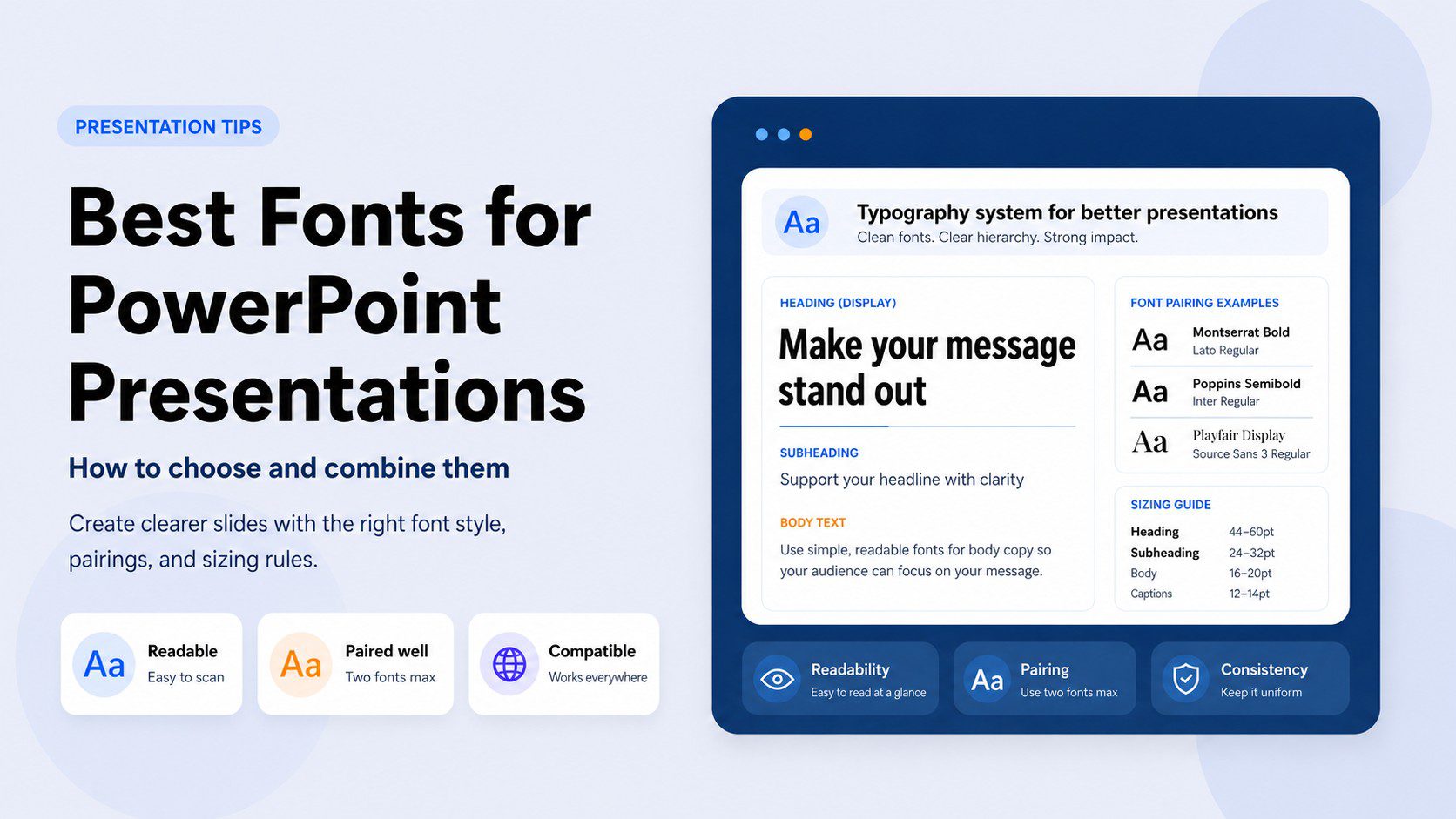 Guide to the best fonts for PowerPoint presentations — typography system with font pairing examples, sizing guide, and readability tips