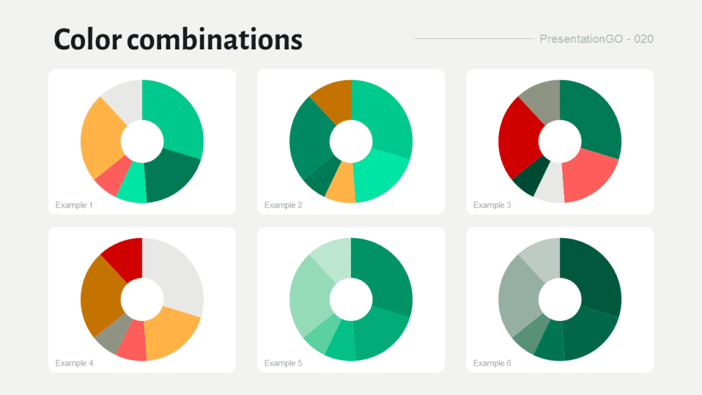 Darkroom Emerald Color Combination Examples Color combination examples using the Darkroom Emerald custom PowerPoint color palette with pie chart previews