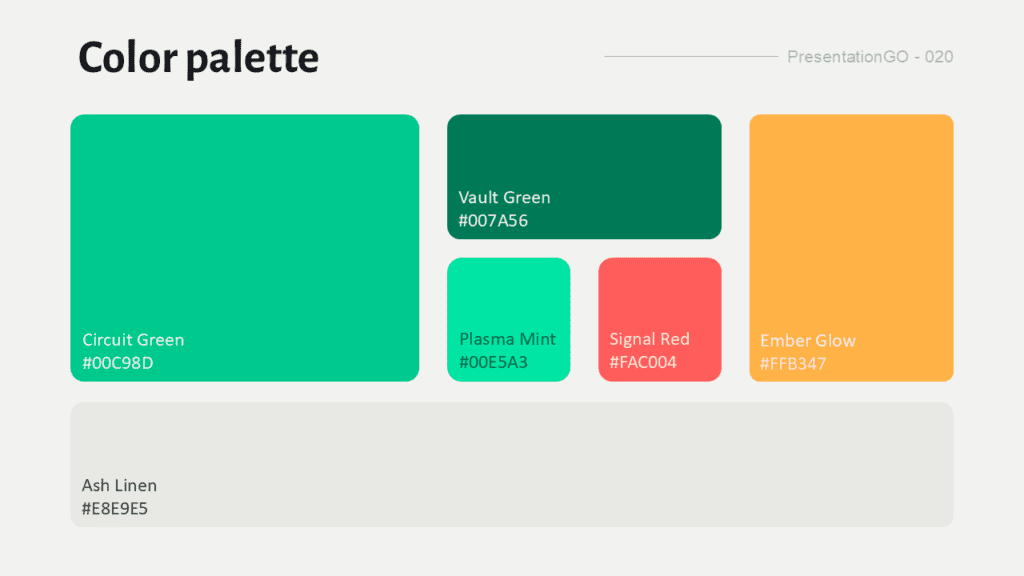 Darkroom Emerald Color Palette Preview for PowerPoint Darkroom Emerald PowerPoint XML color palette showing the main emerald, coral, gold, and neutral presentation colors