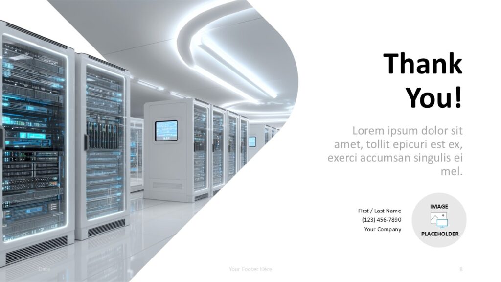 Data Center Tech Dark Closing PowerPoint Google Slides Data Center Tech thank you slide for PowerPoint and Google Slides with server-room photo, contact block, and closing text.
