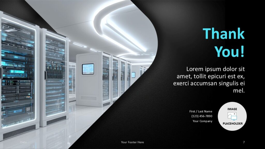 Data Center Tech Light Closing PowerPoint Google Slides Data Center Tech closing slide for PowerPoint and Google Slides with contact details, server photo, and image placeholder.