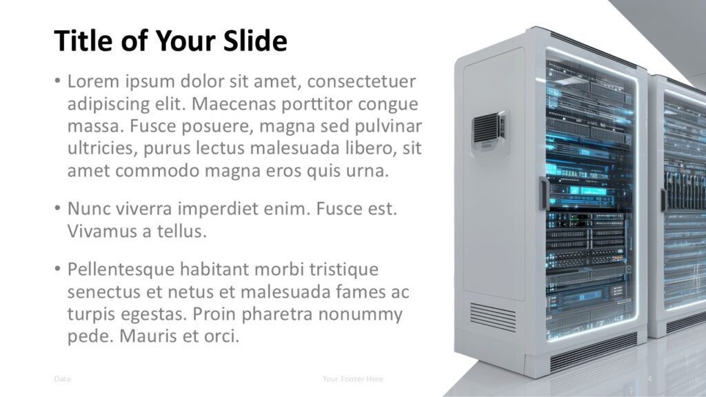 Data Center Tech Dark Content PowerPoint Google Slides Data Center Tech content slide for PowerPoint and Google Slides with textured panel, bullet text, and server imagery.