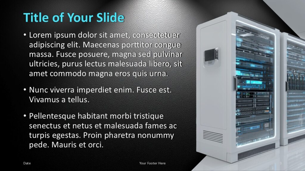 Data Center Tech Light Content PowerPoint Google Slides Data Center Tech content slide for PowerPoint and Google Slides with server visual, bullets, and editable text layout.