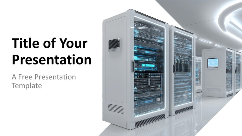 Data Center Tech Dark Cover PowerPoint Google Slides Data Center Tech cover slide for PowerPoint and Google Slides with bold server-room image and cyan title styling.