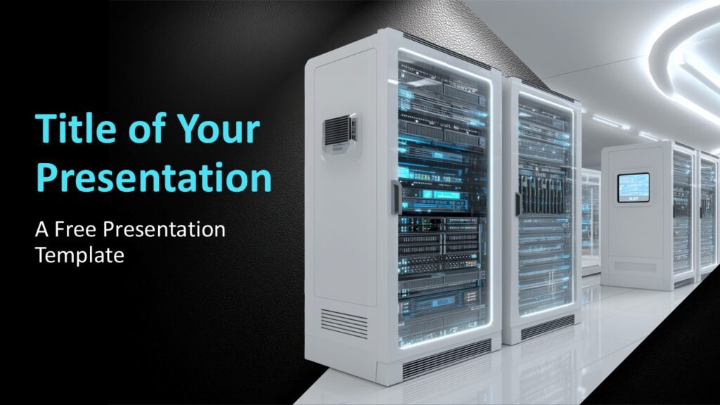 Data Center Tech Light Cover PowerPoint Google Slides Data Center Tech cover slide for PowerPoint and Google Slides with clean server-room photo and editable title space.