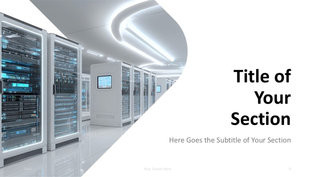 Data Center Tech Dark Divider PowerPoint Google Slides Data Center Tech divider slide for PowerPoint and Google Slides with diagonal photo crop and cyan section title.