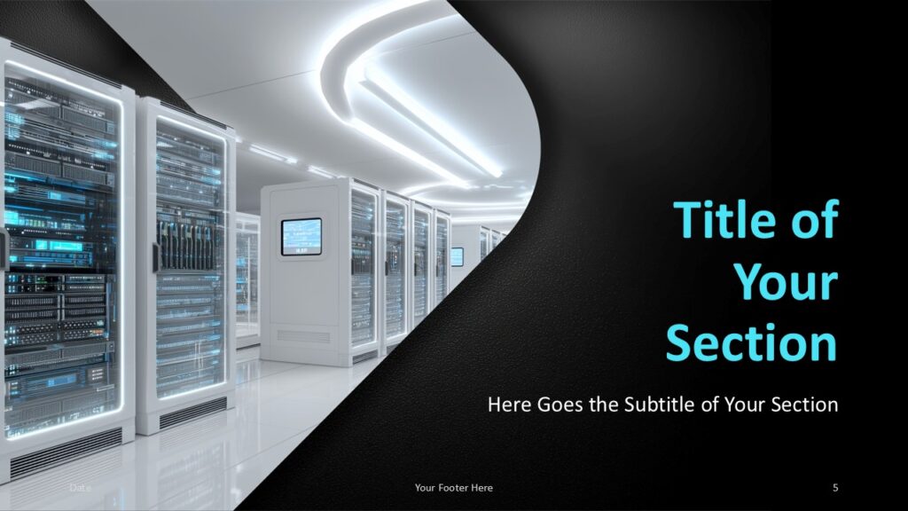 Data Center Tech Light Divider PowerPoint Google Slides Data Center Tech section divider for PowerPoint and Google Slides with geometric server image and editable subtitle area.