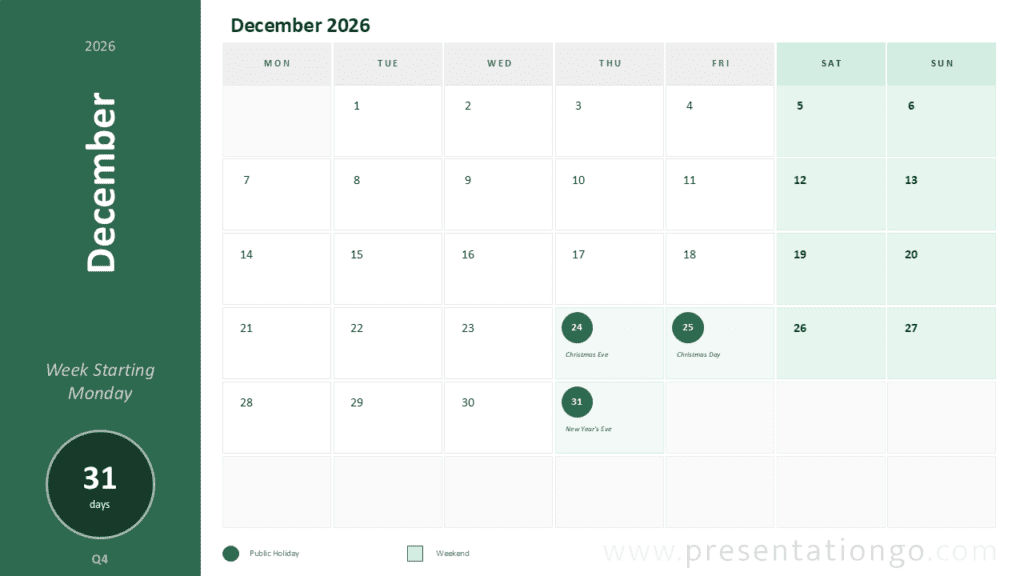 December 2026 Calendar Monday Start PowerPoint December 2026 monthly calendar for PowerPoint and Google Slides with editable Monday-start planning grid.