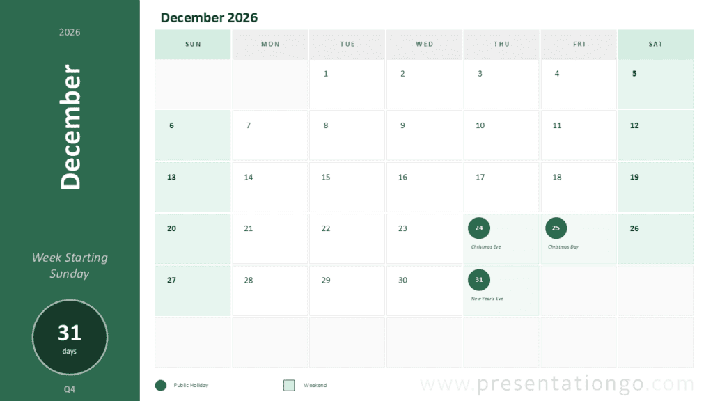 December 2026 Calendar Sunday Start PowerPoint December 2026 monthly calendar for PowerPoint and Google Slides with editable Sunday-start planning grid.