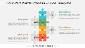 Four-Part Puzzle Process diagram for PowerPoint and Google Slides with numbered puzzle steps, icons, and text areas.