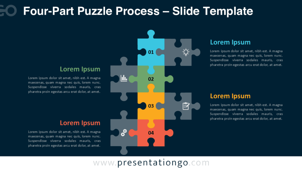 Four-Part Puzzle Process PowerPoint Google Slides Layout Four-Part Puzzle Process layout for PowerPoint and Google Slides showing four puzzle steps with icons and editable text.
