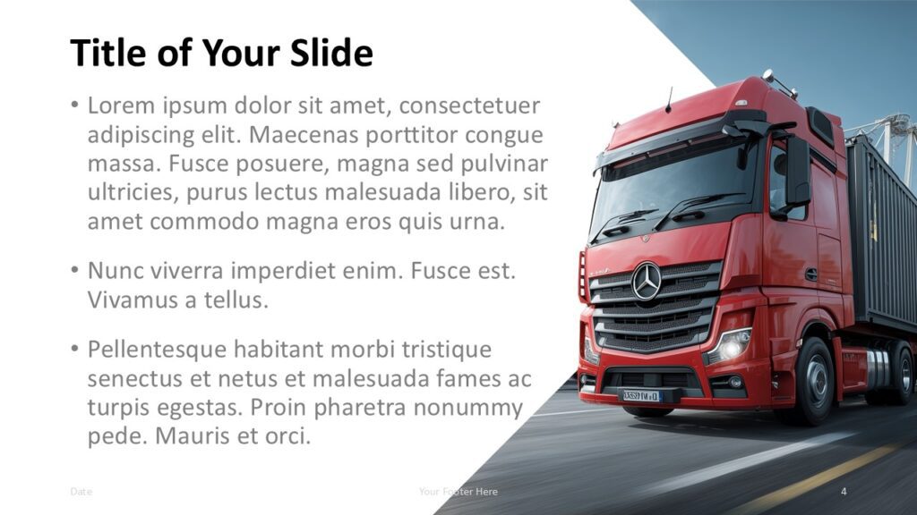 Freight Transport content slide for PowerPoint and Google Slides with bullet text, truck image, and strong black styling.