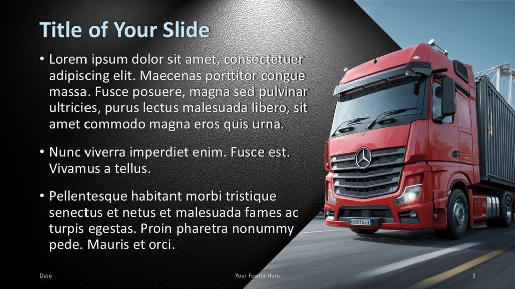 Freight Transport content slide for PowerPoint and Google Slides with text blocks, truck photo, and spacious layout.