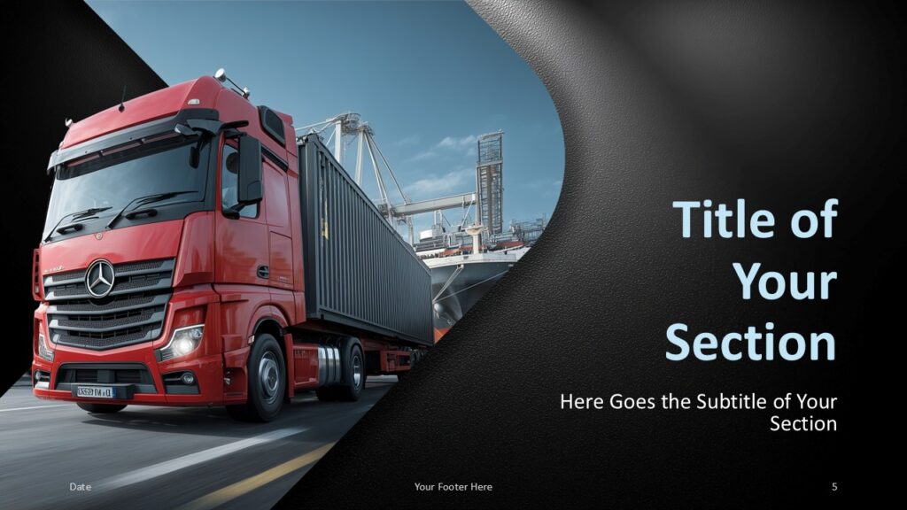 Freight Transport section slide for PowerPoint and Google Slides with a title area, truck photo, and simple layout.
