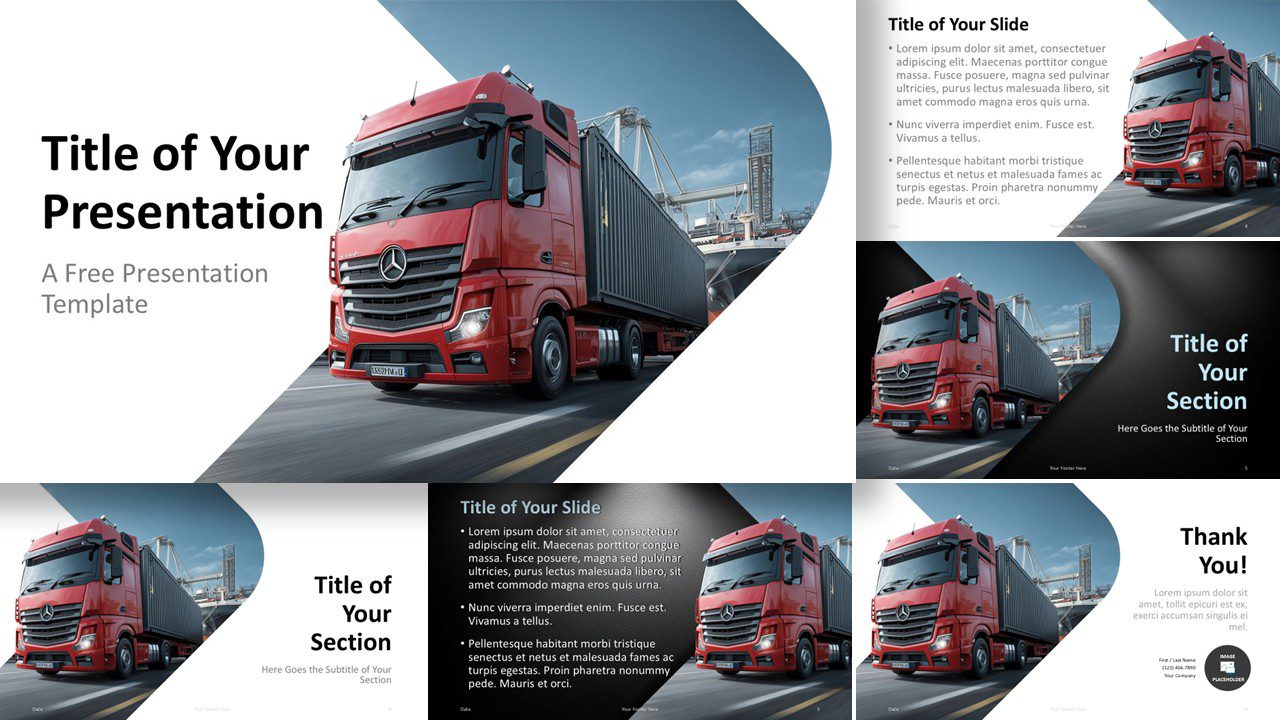 Freight Transport Template for PowerPoint and Google Slides showing all slides with truck visuals, layouts, and color themes.