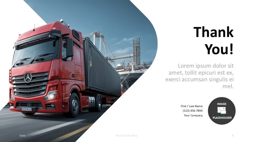 Freight Transport closing slide for PowerPoint and Google Slides with contact details, truck photo, and dark styling.