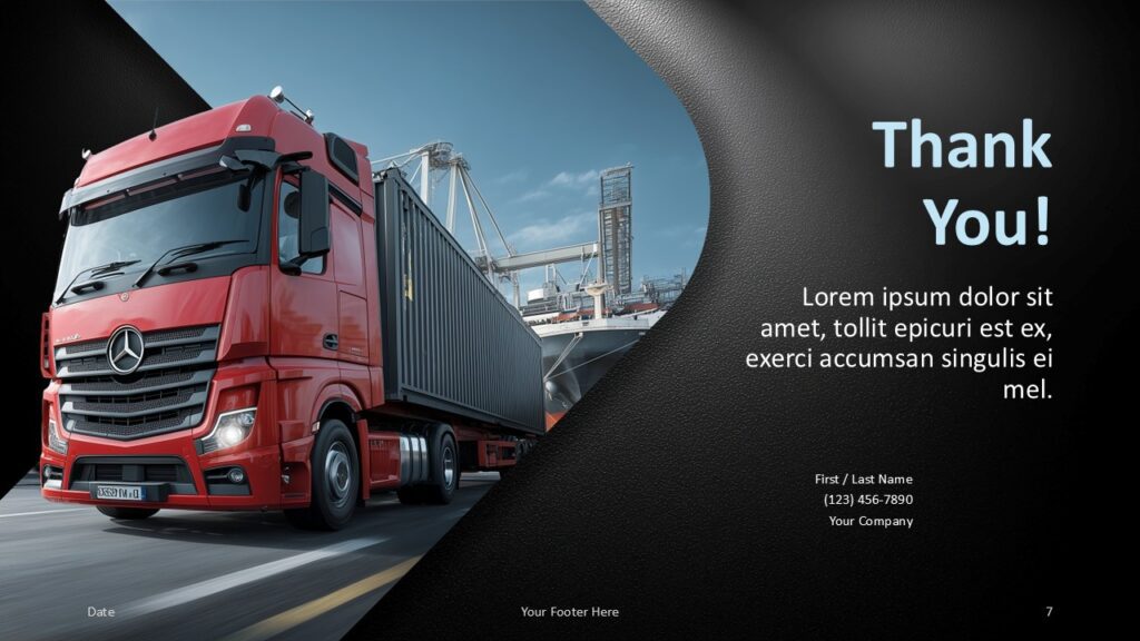 Freight Transport closing slide for PowerPoint and Google Slides with contact details, image area, and white design.