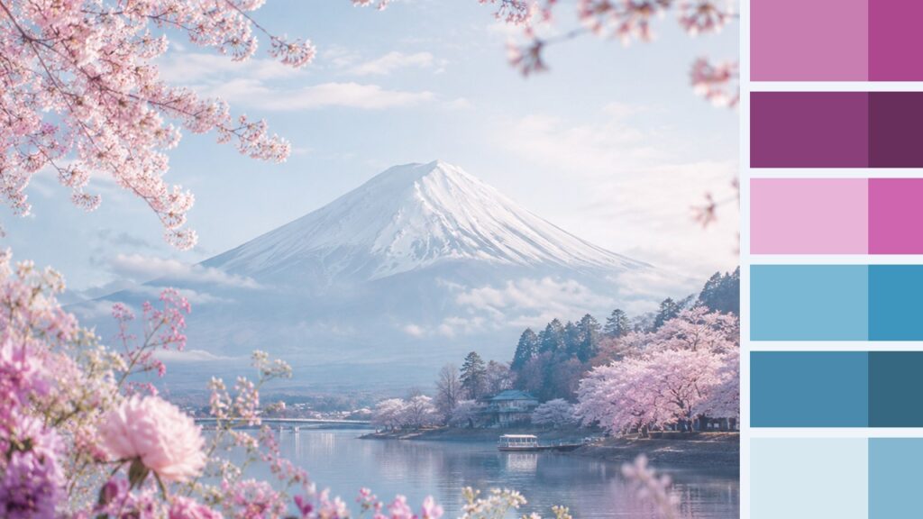 Fuji Bloom Inspirational Photo Palette Landscape photo of a snowy mountain, lake, and pink blossoms beside matching Fuji Bloom color swatches.