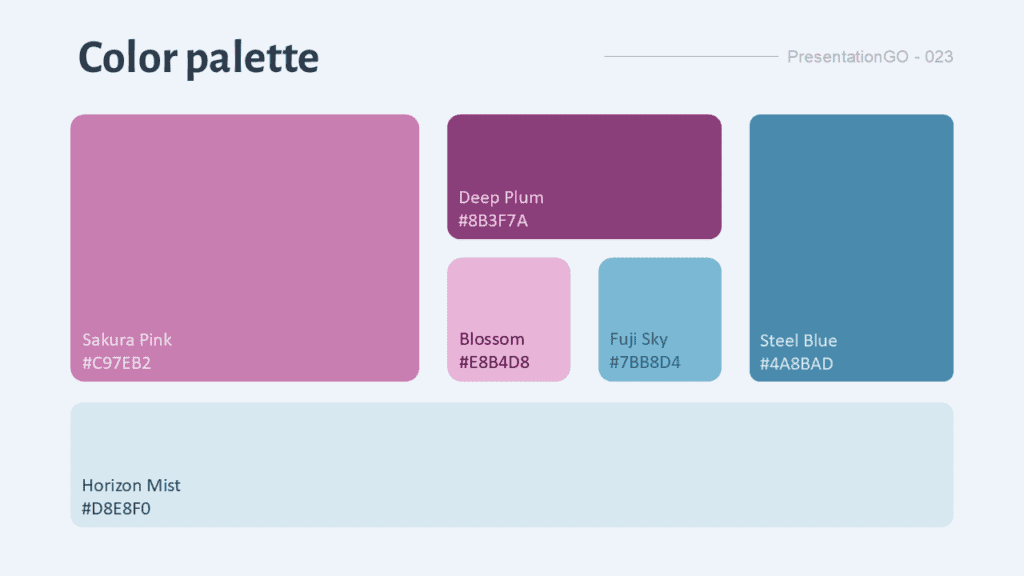 Fuji Bloom Palette with Color Names and Hex Codes Fuji Bloom color palette showing Sakura Pink, Deep Plum, Blossom, Fuji Sky, Steel Blue, and Horizon Mist with hex codes.