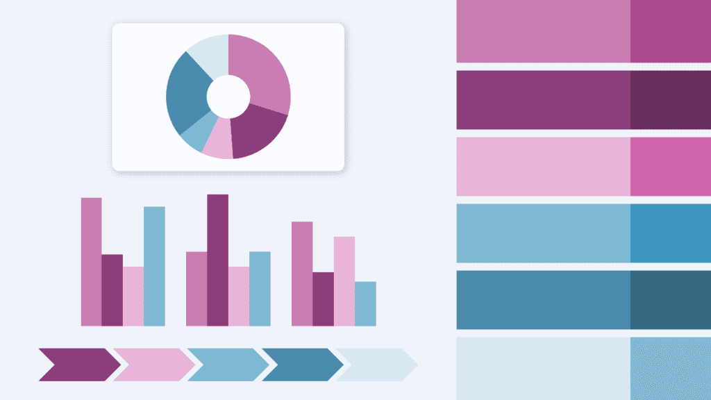 Fuji Bloom PowerPoint color palette with donut chart, column charts, arrows, and matching presentation color blocks.