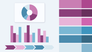 Fuji Bloom PowerPoint color palette with donut chart, column charts, arrows, and matching presentation color blocks.
