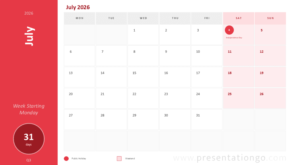 July 2026 Calendar Monday Start PowerPoint July 2026 monthly calendar for PowerPoint and Google Slides with editable Sunday-start planning grid.
