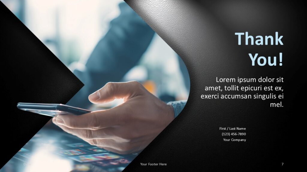 Mobile Edge closing slide for PowerPoint and Google Slides template with thank you message and contact text area.