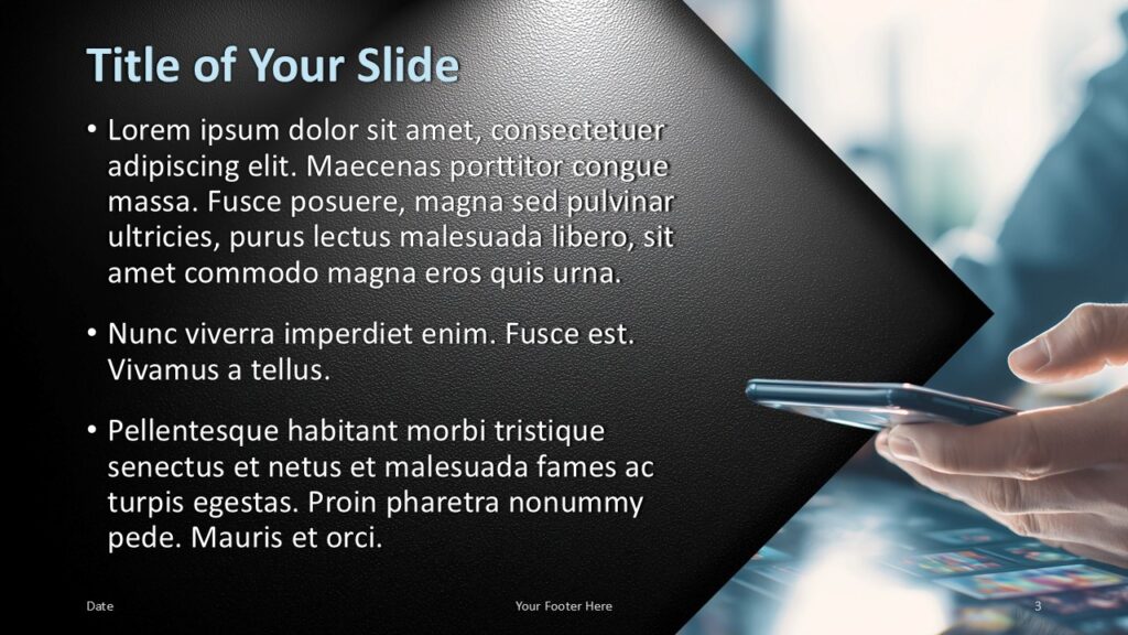 Mobile Edge content slide for PowerPoint and Google Slides template with bullet text, phone photo, and clean layout.