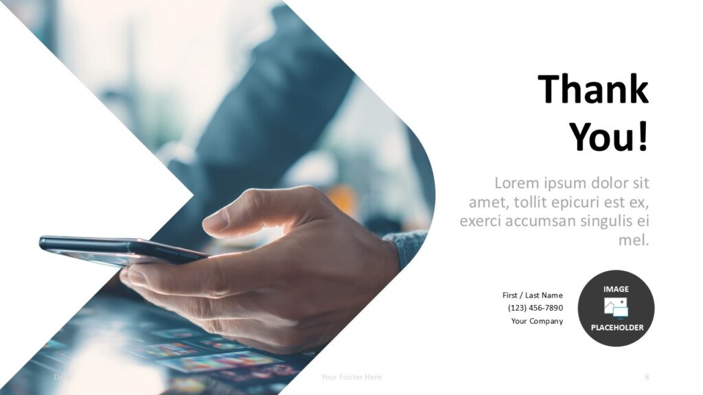 Mobile Edge dark closing slide for PowerPoint and Google Slides template with thank you text and smartphone photo mask.