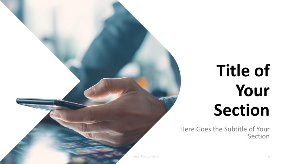 Mobile Edge dark section divider for PowerPoint and Google Slides template with blue heading and dynamic photo curve.