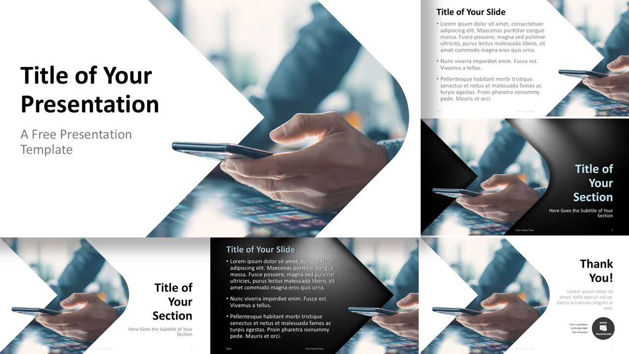 Mobile Edge PowerPoint and Google Slides template showing all 9 slides with smartphone visuals and clean tech layouts.