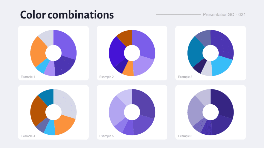 Six donut chart examples showing Nebula Dusk color combinations for PowerPoint presentations