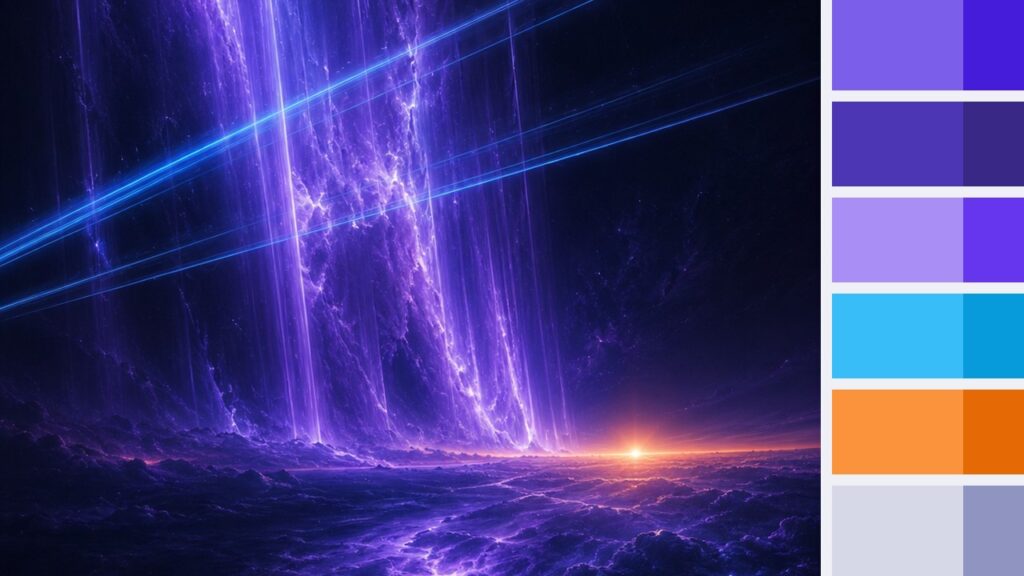 Futuristic city skyline with glowing roads and dark neon tones matching the Nebula Dusk color palette