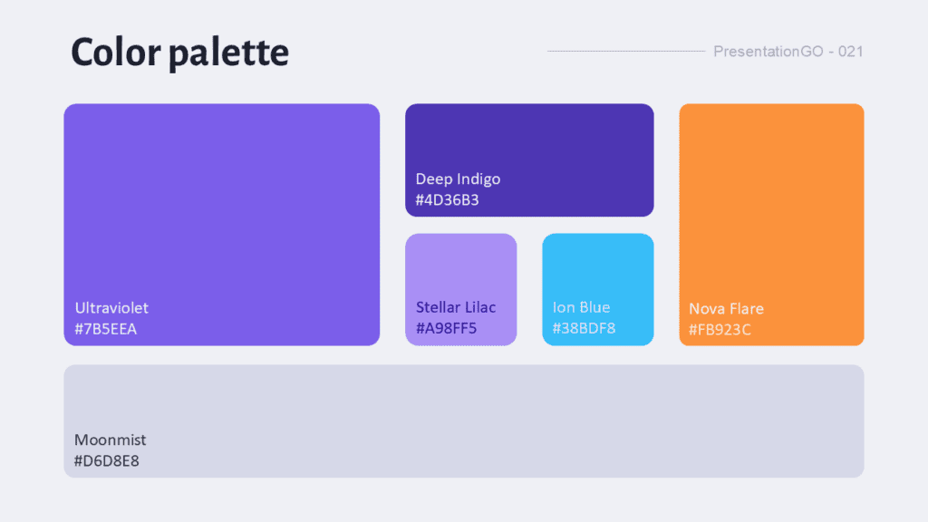 Nebula Dusk color palette showing named colors with hex codes for PowerPoint presentation design