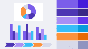 Nebula Dusk PowerPoint color palette with donut chart, bar charts, chevron arrows, and coordinated presentation colors