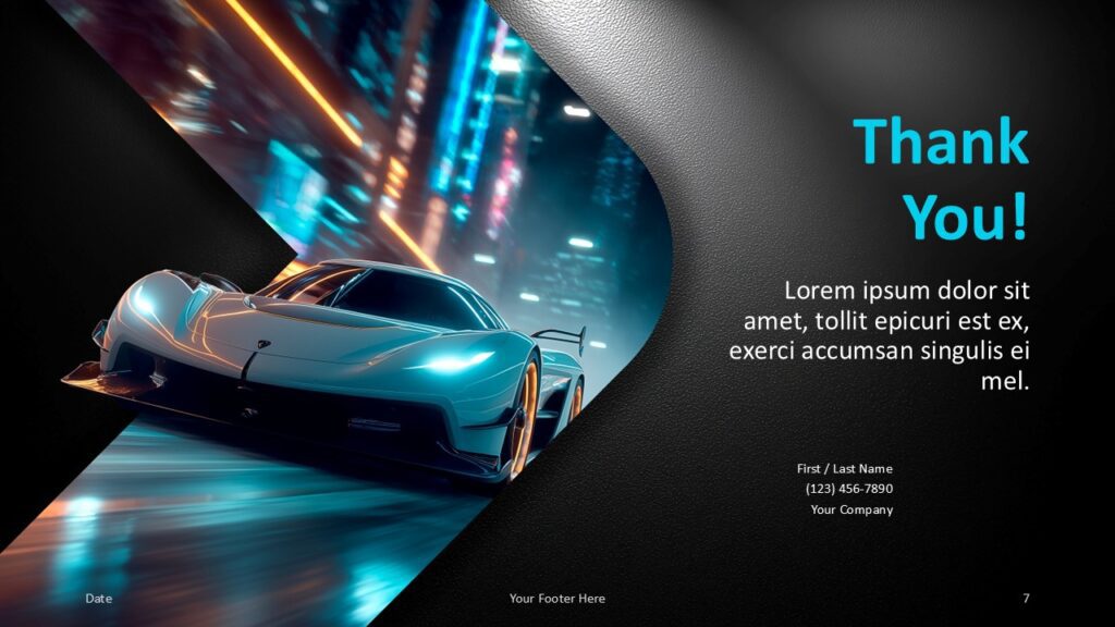 Neon Velocity PowerPoint and Google Slides Template closing slide with cyan title, contact text, and car visual.