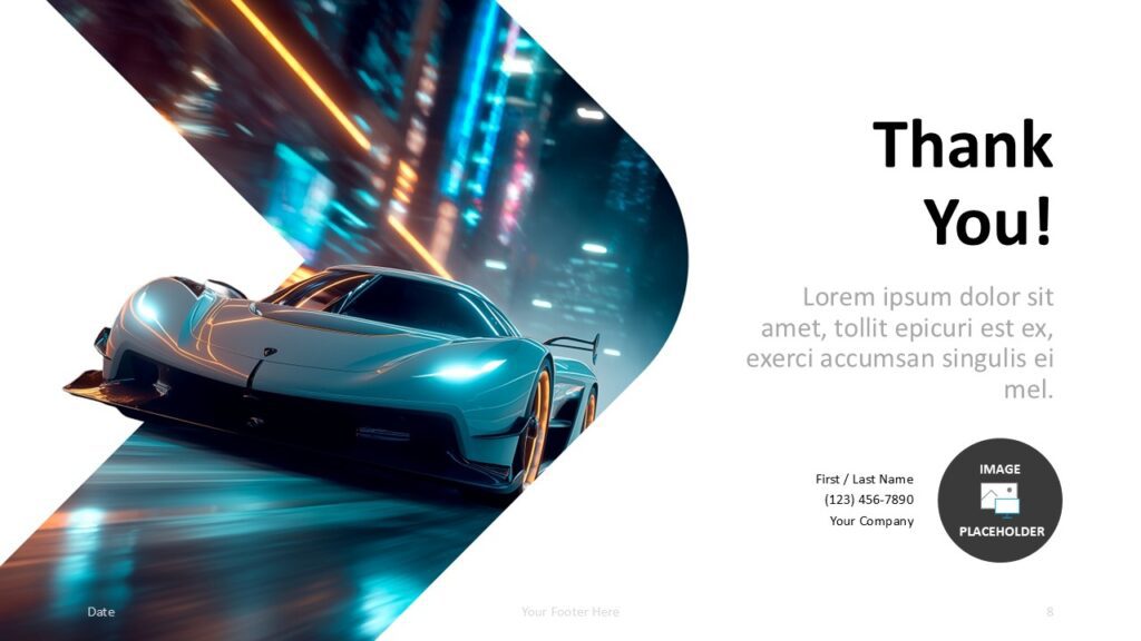 Neon Velocity PowerPoint and Google Slides Template closing slide with black title, contact text, and profile image area.