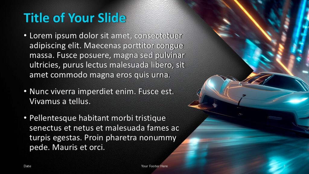 Neon Velocity PowerPoint and Google Slides Template content slide with cyan heading, white bullets, and fast car image.