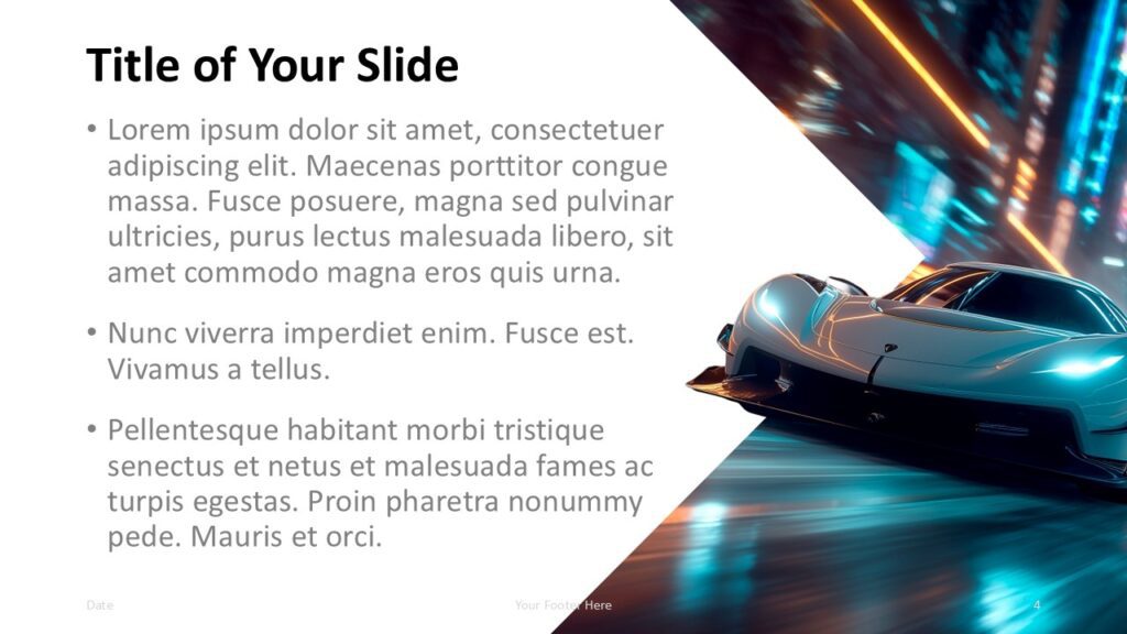 Neon Velocity PowerPoint and Google Slides Template content slide with black heading, gray bullets, and car image.