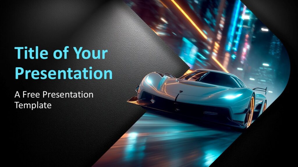 Neon Velocity PowerPoint and Google Slides Template cover slide with black texture, cyan title, and sports car motion.
