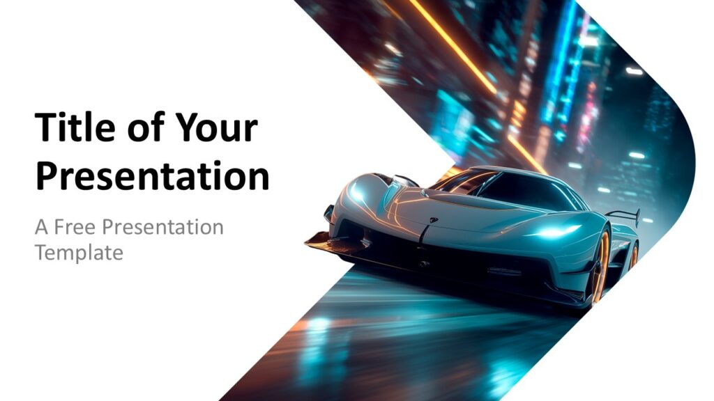 Neon Velocity PowerPoint and Google Slides Template cover slide with white space, black title, and racing car motion.