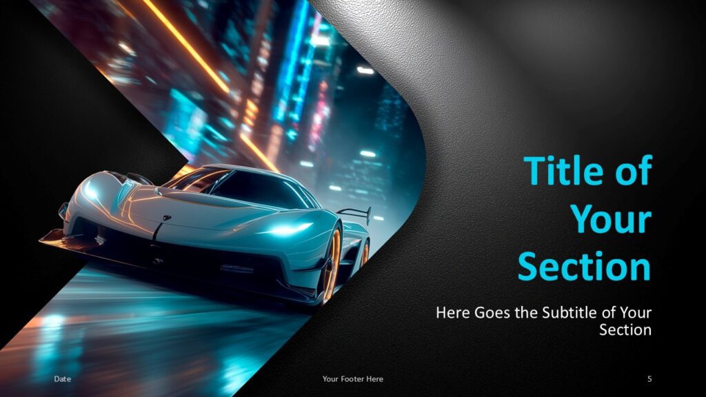 Neon Velocity PowerPoint and Google Slides Template section divider with cyan title and cinematic car scene for clear breaks.