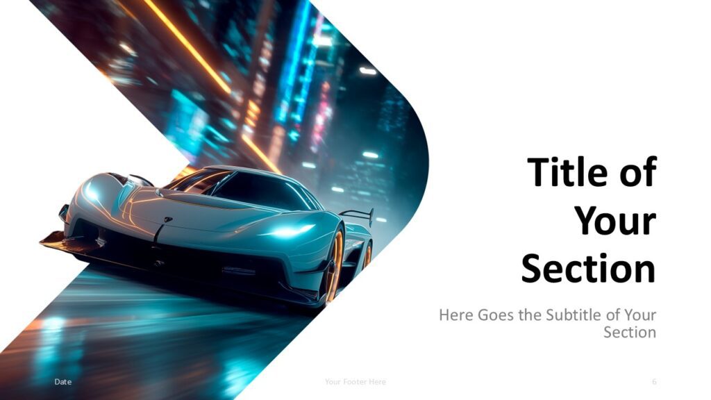 Neon Velocity PowerPoint and Google Slides Template section divider with black title, gray subtitle, and racing car image.